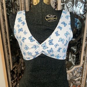 Women’s White Butterfly Twist-Front Crop Top